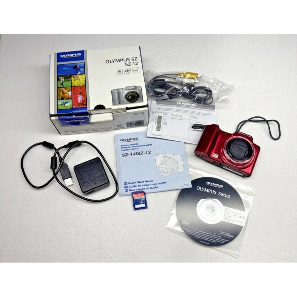 Olympus SZ-12 14MP Digital Camera 24x Zoom Red w/ Box Charger Battery SD Card
